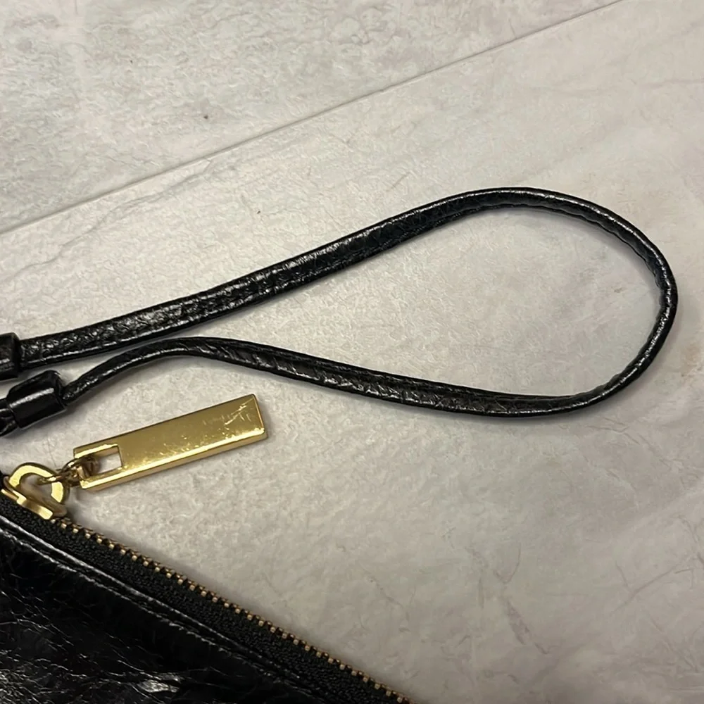 Tory Burch Wristlet wallet Black genuine crinkled leather  Gold tone accents EUC